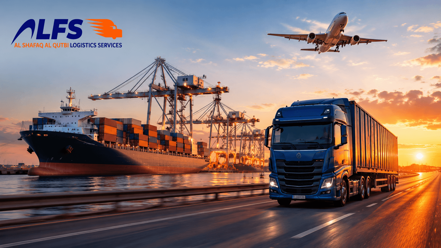 Cargo truck and aircraft in a twilight logistics scene.