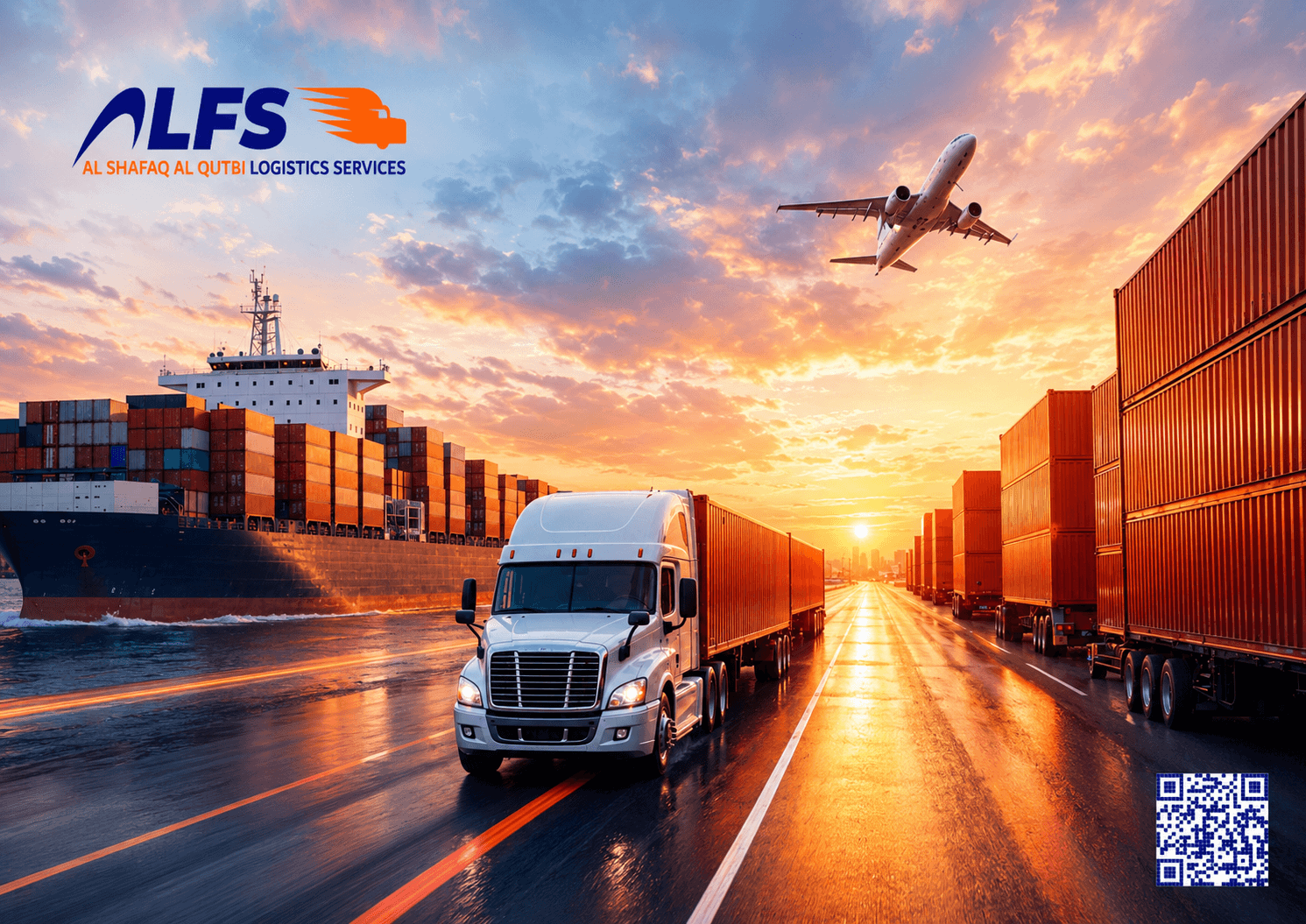 Freight logistics hero scene with containers, truck, ship, and aircraft at sunset.