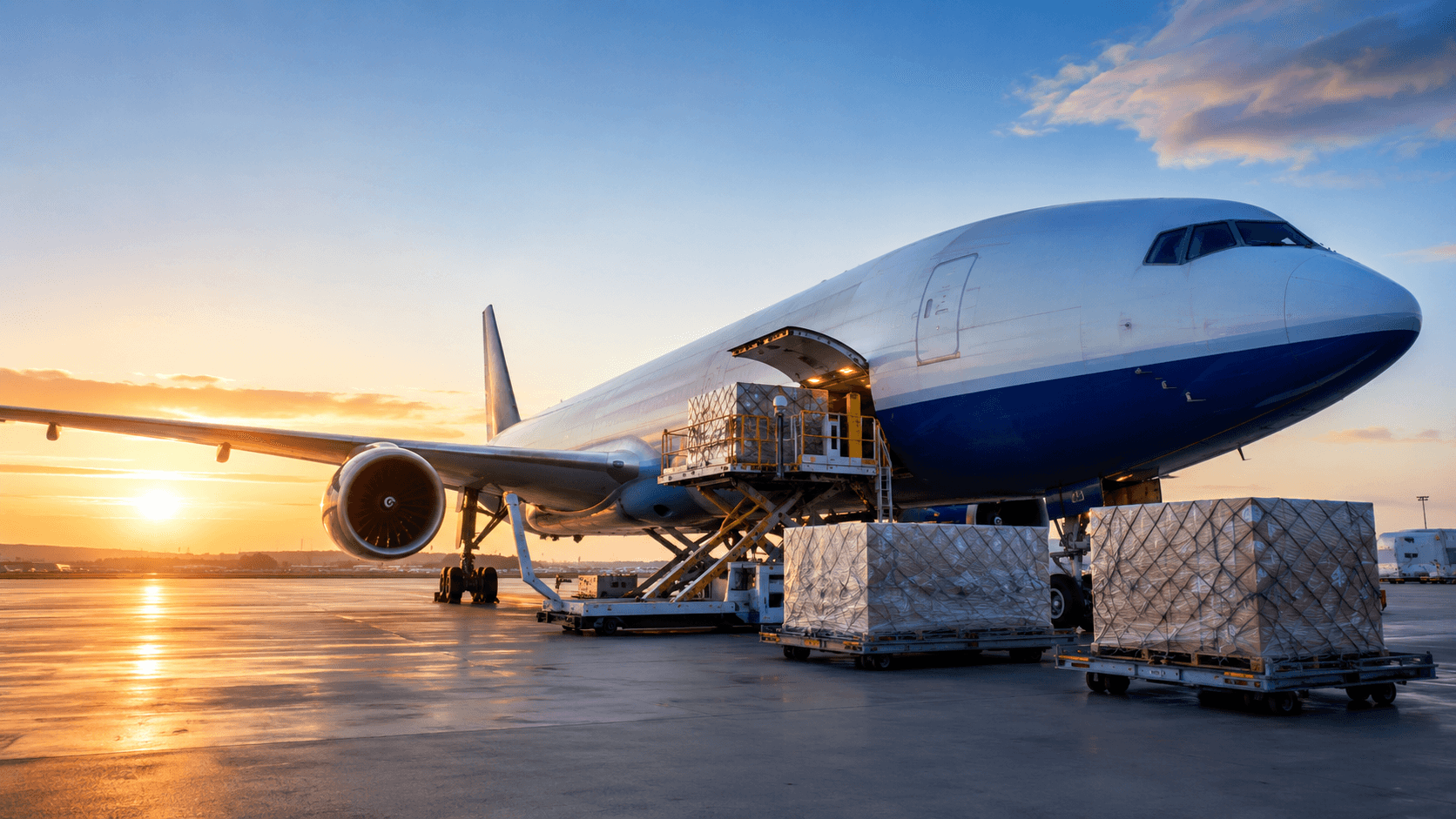Air freight cargo aircraft loading international shipments